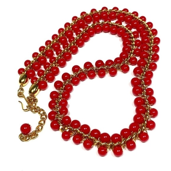 Necklace Red Gold Tone Beaded Hook Clasp Signed  Vintage 18”+2” - Picture 1 of 10